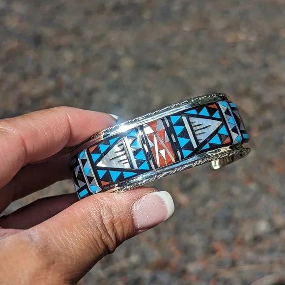 Native American Handmade Cuff‎ Bracelet Zuni Inlay Sterling Silver sz7US *** - Picture 4 of 11